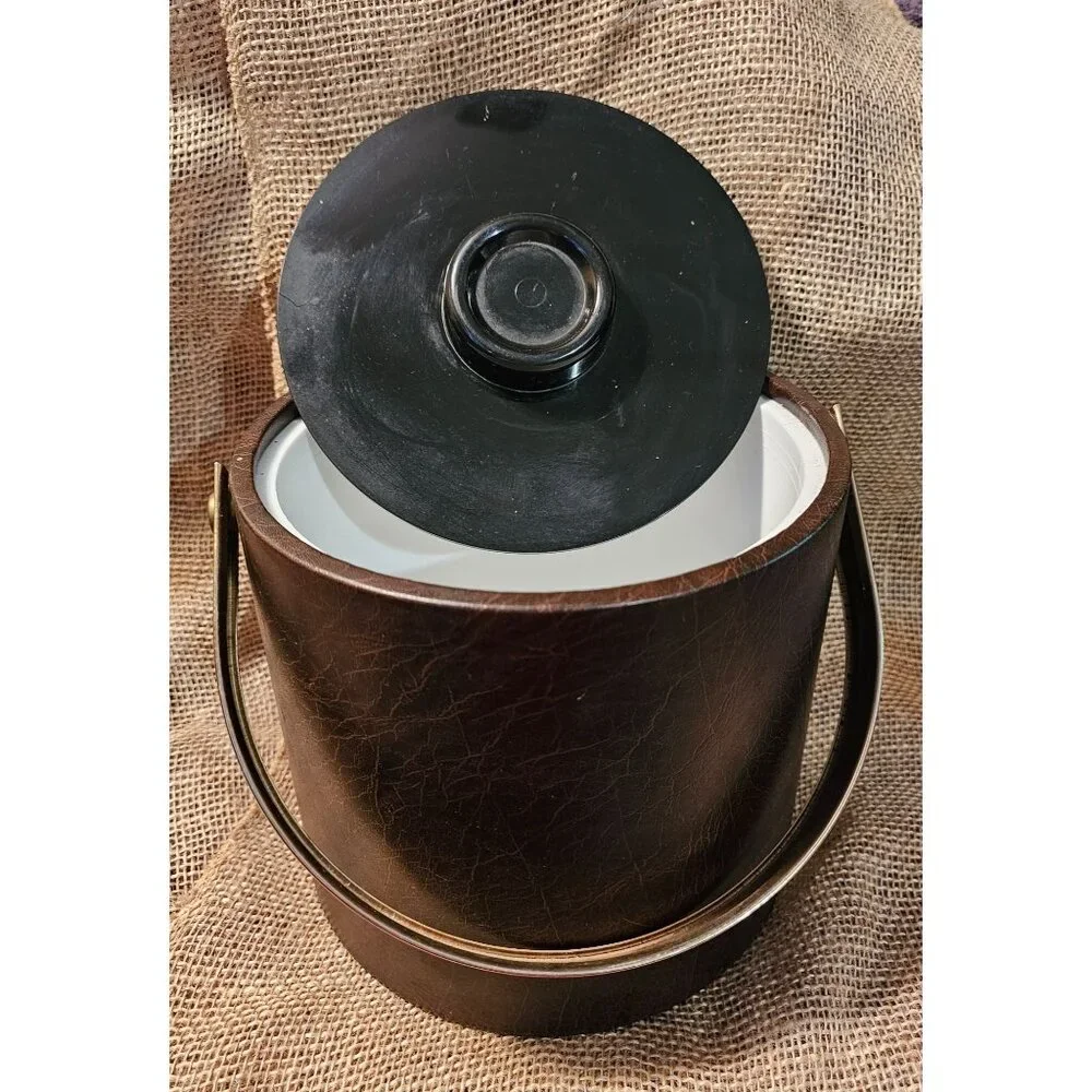 Vintage 1980's Ice Bucket Made in Italy #501 Laux Leather Gold Tone Metal Handle
